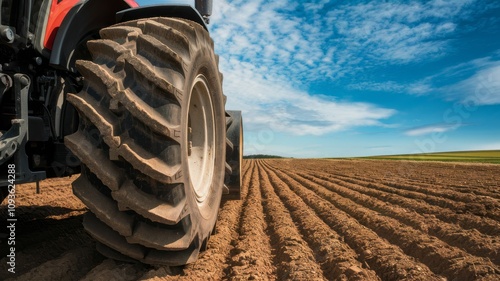 Tractor in the Field: A close-up of a tractor's massive tire, a symbol of agricultural power, rolling across a freshly plowed field under a vast, blue sky with a hint of cloud.