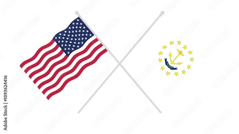 Waving USA flag with rhode island flag video, two USA flags cross waving, waving flag animation video