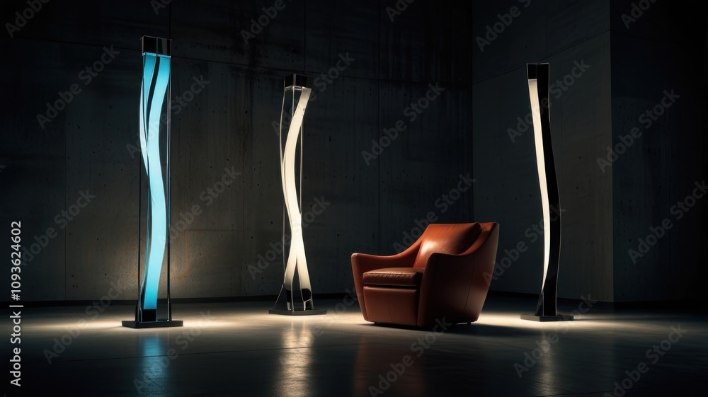 Modern minimalist living room with three curved floor lamps illuminating a red leather armchair in a dark, industrial-style setting. Modern minimalist living room with three curved floor lamps illuminating a red leather armchair in a dark, industrial-style setting.