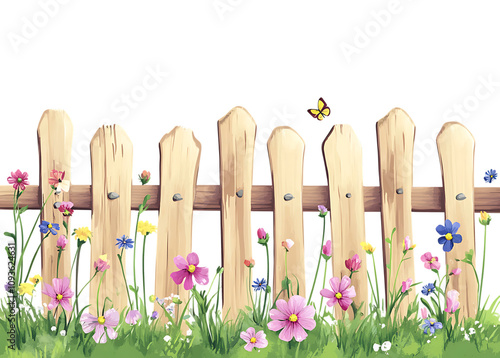 Charming picket fence with blooming flowers and butterfly. photo