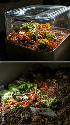 Red Wiggler Worms Composting Food Scraps in Bin photo