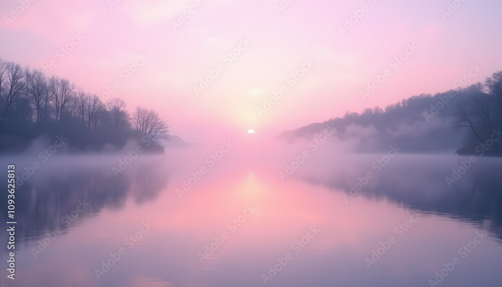 Serene lake shore at dawn in lavender fog, contemplative atmosphere, tranquil reflection Serene lake shore at dawn in lavender fog, contemplative atmosphere, tranquil reflection