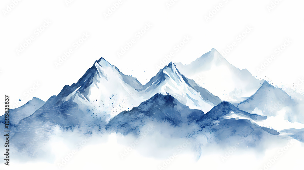 Fototapeta premium Watercolor illustration of a snowy alpine mountain landscape. rocky ridge natural element isolated on white. Snowy Mountain Vista. Illustration