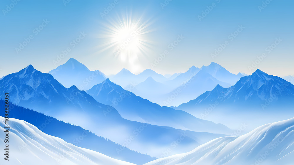 Fototapeta premium The sun shining brightly, snow-capped mountains distance,.snowy range; foreground, mountains in pristine capsence. Snowy Mountain Vista. Illustration