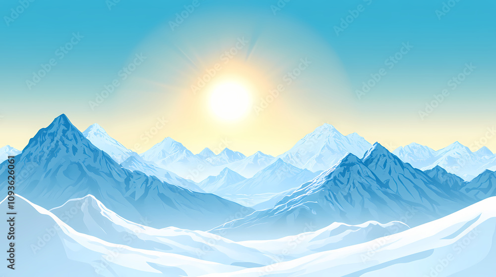 Fototapeta premium The sun shining brightly, snow-capped mountains distance,.snowy range; foreground, mountains in pristine capsence. Snowy Mountain Vista. Illustration