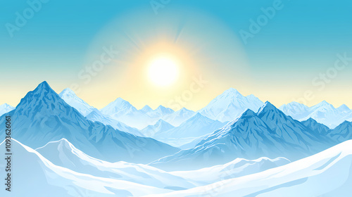 The sun shining brightly, snow-capped mountains distance,.snowy range; foreground, mountains in pristine capsence. Snowy Mountain Vista. Illustration