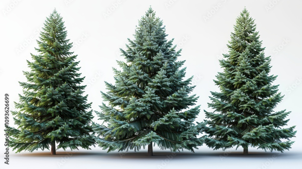 Fototapeta premium Lush green evergreens standing tall against a bright, clear sky creating a serene winter landscape. Generative AI