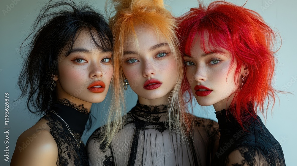 Three young women with vibrant hairstyles and striking makeup pose together in a stylish setting. Three young women with vibrant hairstyles and striking makeup pose together in a stylish setting.