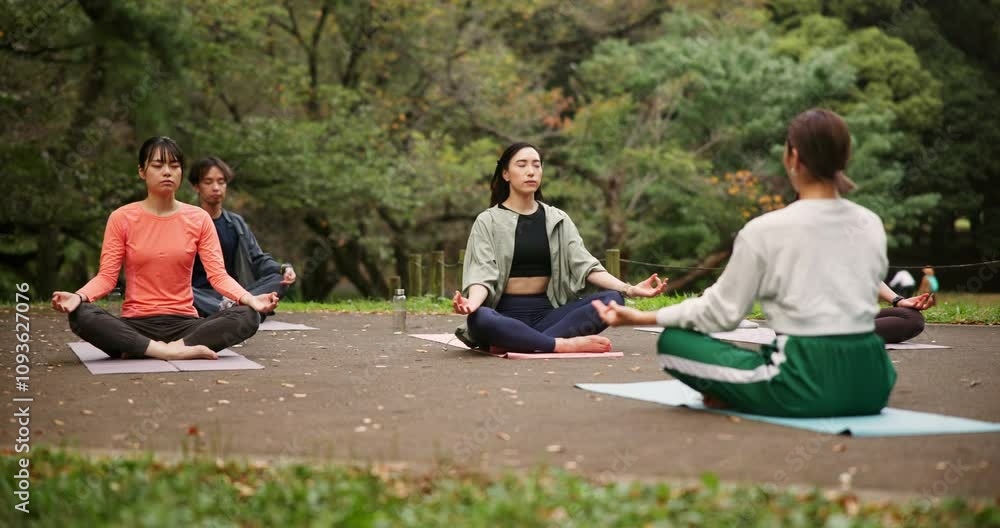 Yoga, meditation and group of people outdoor to relax, peace or mindfulness with trainer breathing in Japan. Zen, class or calm in nature for spiritual exercise, fitness or easy pose mudra for health