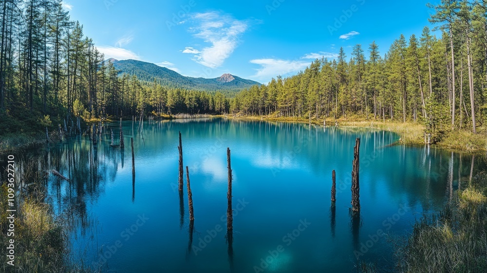 A serene blue lake with tree trunks emerging from the water, surrounded by lush green trees and mountains in the background. A serene blue lake with tree trunks emerging from the water, surrounded by lush green trees and mountains in the background.