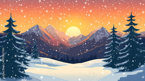 A panoramic view of a snowy mountain range at sunset. Snowy Mountain Vista. Illustration