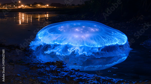 Wallpaper Mural Bioluminescent Jellyfish Glowing Blue at Night, Ocean, Plankton, Dark, Nature Torontodigital.ca