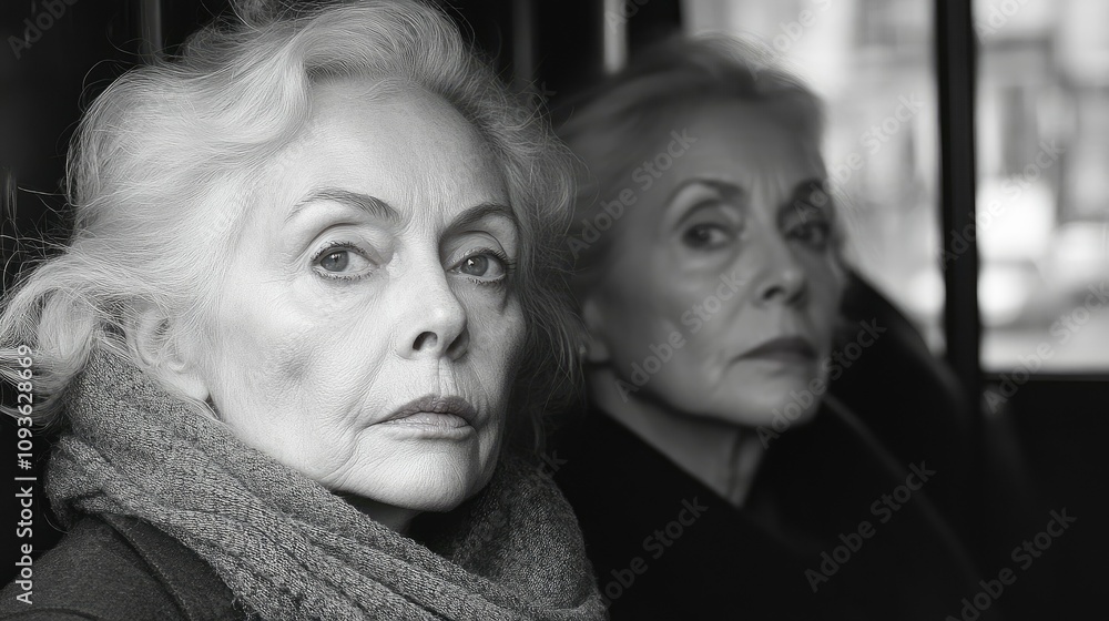 Two elderly women gaze thoughtfully, captured in a black-and-white photograph. Two elderly women gaze thoughtfully, captured in a black-and-white photograph.
