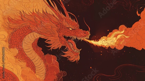 Fiery red dragon breathing fire, detailed illustration. photo