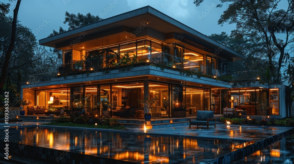 Luxurious modern house illuminated at dusk amidst lush greenery showcasing elegant architecture and serene atmosphere. Generative AI Luxurious modern house illuminated at dusk amidst lush greenery showcasing elegant architecture and serene atmosphere. Generative AI