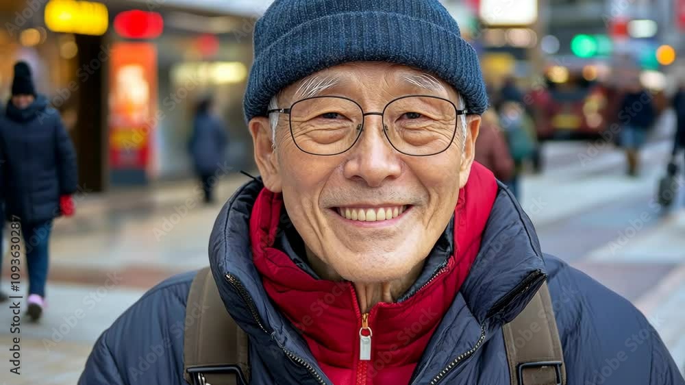 Smiling senior man enjoys a winter day in a bustling city street Smiling senior man enjoys a winter day in a bustling city street