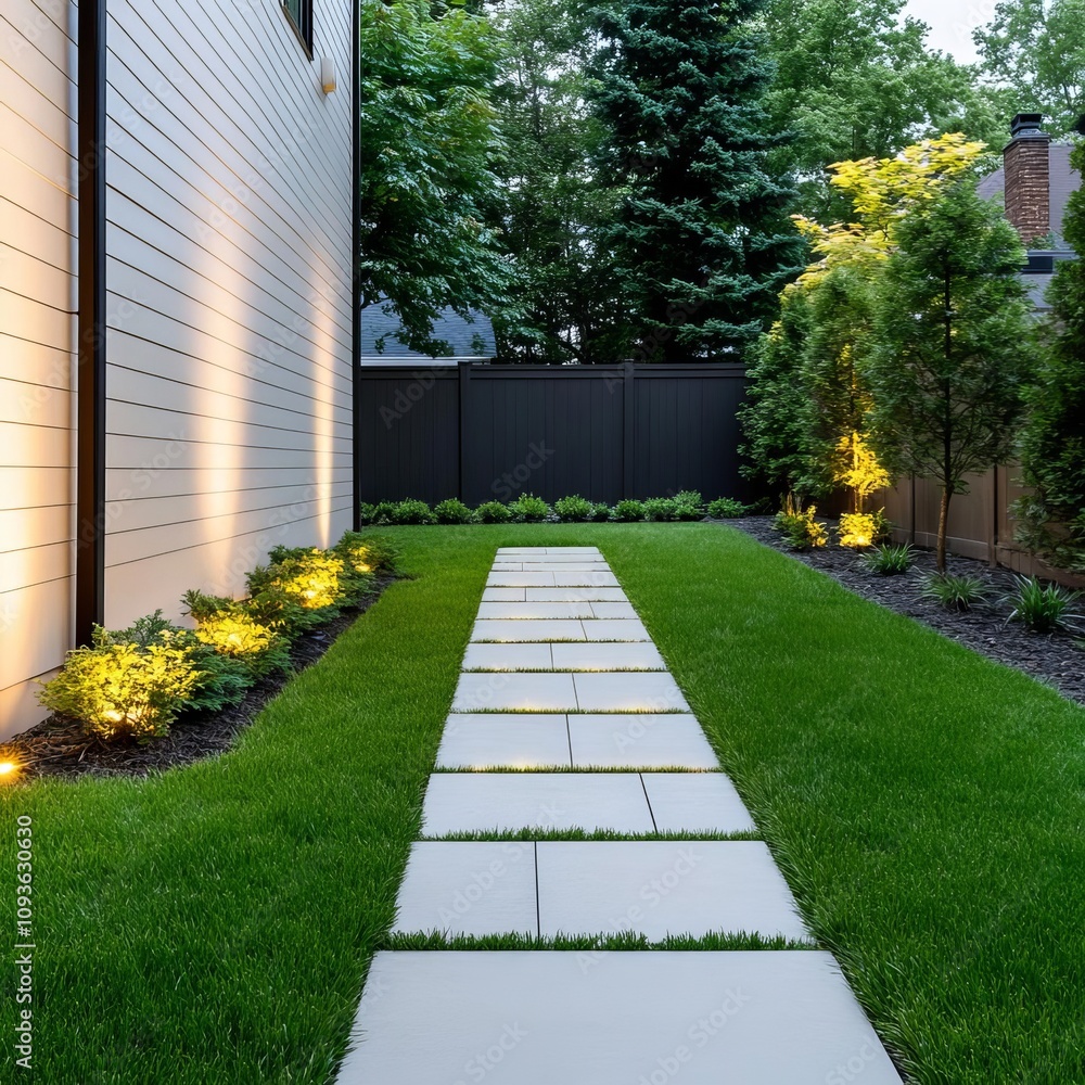 Subtle glowing path lights in a backyard, soft and elegant Subtle glowing path lights in a backyard, soft and elegant
