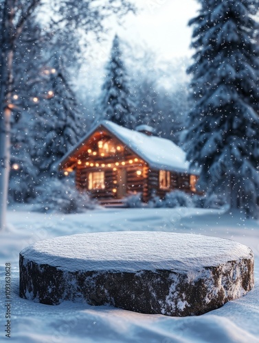 A round empty podium in the middle of a snowy Christmas landscape with a cozy hut and lights in the background.