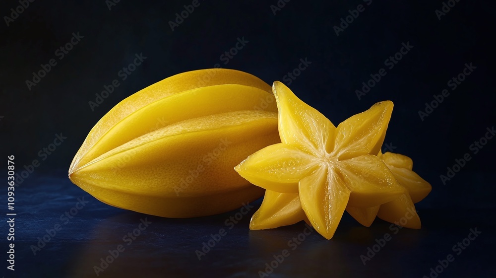 Realistic arrangement of a whole and sliced starfruit with its distinct star-shaped sections, beautifully lit to highlight its translucent yellow color Realistic arrangement of a whole and sliced starfruit with its distinct star-shaped sections, beautifully lit to highlight its translucent yellow color