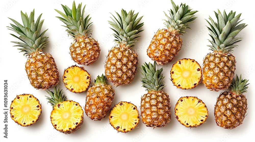 Fresh pineapples, whole and halved, arranged on white background. Fresh pineapples, whole and halved, arranged on white background.