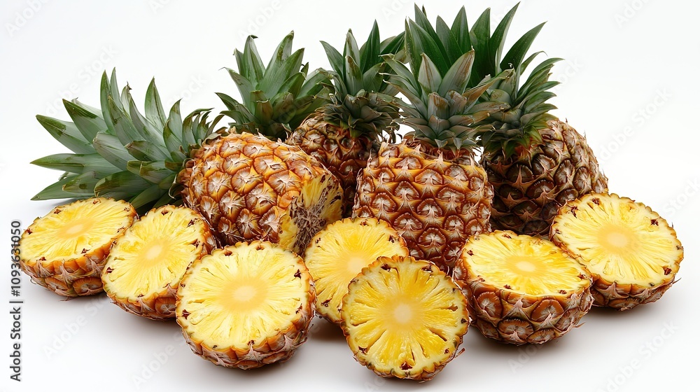 Fresh whole and sliced pineapples on white background. Fresh whole and sliced pineapples on white background.