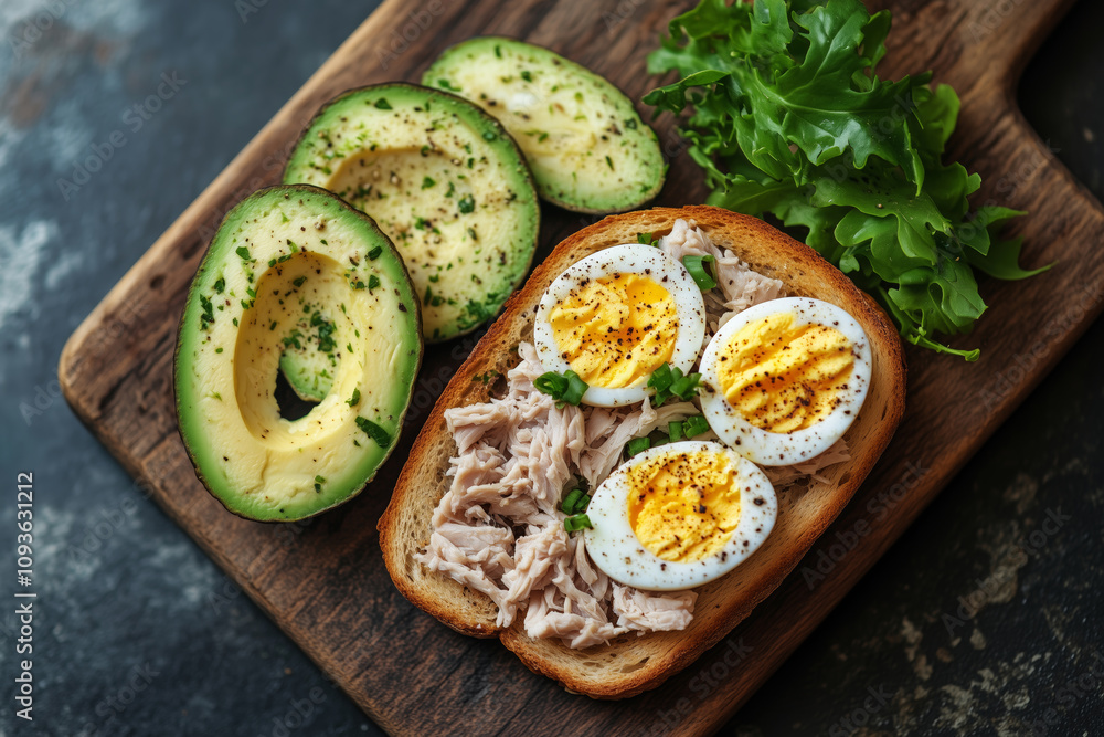 Satisfying avocado and canned tuna toast with boiled eggs on a wooden board Satisfying avocado and canned tuna toast with boiled eggs on a wooden board