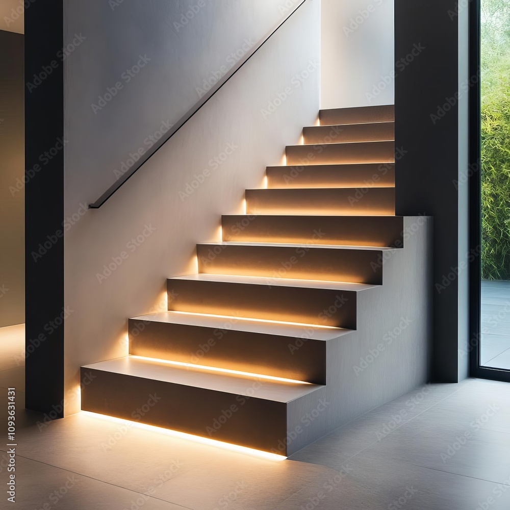 Subtle lighting under steps in a modern staircase, safe and elegant Subtle lighting under steps in a modern staircase, safe and elegant