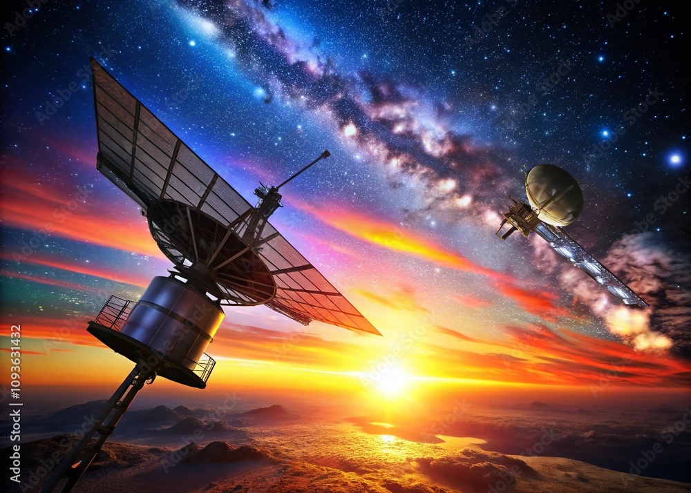 Naklejka premium Stunning Silhouette of a Satellite in Orbit Against a Dusk Sky with Starry Background, Capturing the Essence of Space Exploration and Technology in a Dramatic Scene