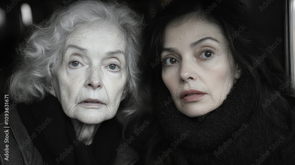 Two women with distinct expressions, conveying emotion and depth in a close-up shot. Two women with distinct expressions, conveying emotion and depth in a close-up shot.