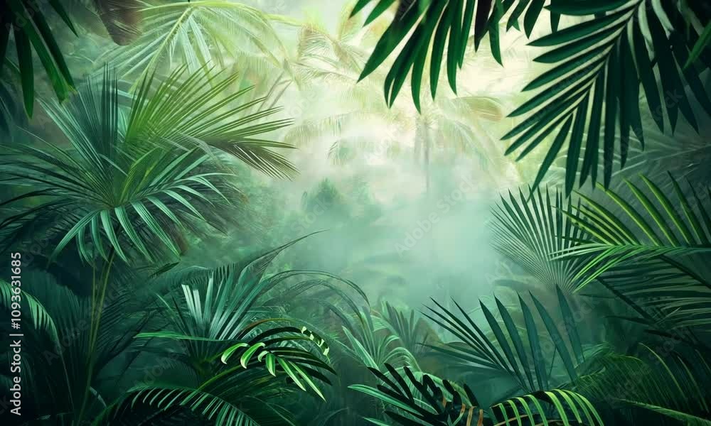 Lush green foliage in a dense tropical jungle with mist and sunlight filtering through Lush green foliage in a dense tropical jungle with mist and sunlight filtering through