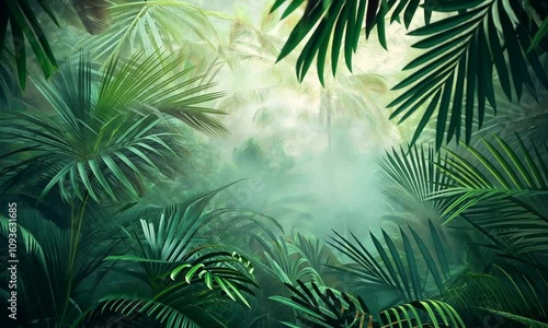 Lush green foliage in a dense tropical jungle with mist and sunlight filtering through