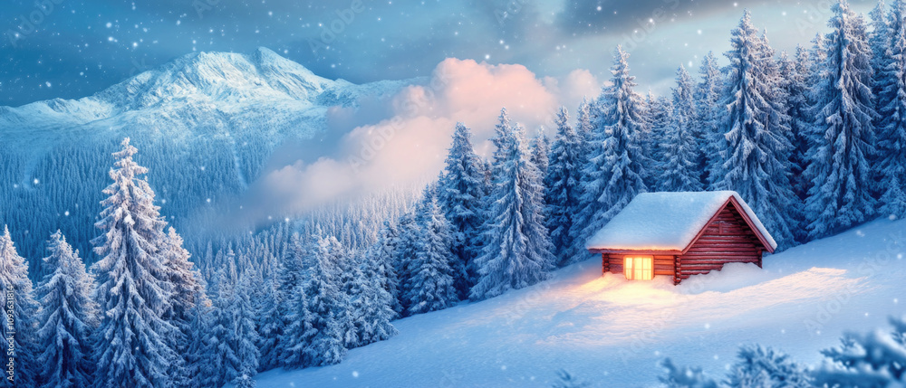 A red wooden cabin glows warmly against a dramatic winter landscape, featuring snow-covered pine trees and majestic mountain peaks, while pink-tinged clouds and gently falling snow. Generative AI. A red wooden cabin glows warmly against a dramatic winter landscape, featuring snow-covered pine trees and majestic mountain peaks, while pink-tinged clouds and gently falling snow. Generative AI.