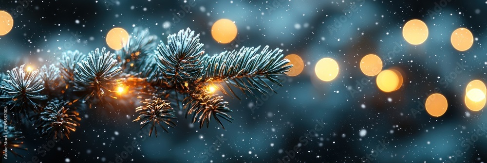 Naklejka premium A Snowy Pine Branch with Golden Lights in the Night Sky