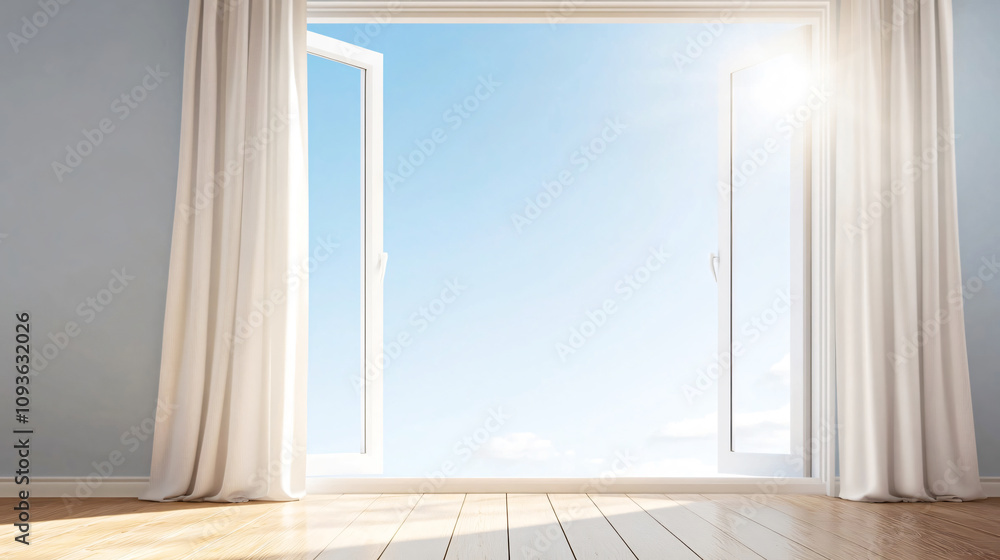 Fototapeta premium Sunlight illuminating empty room with open window showing beautiful blue sky, perfect for backgrounds and architecture visualization