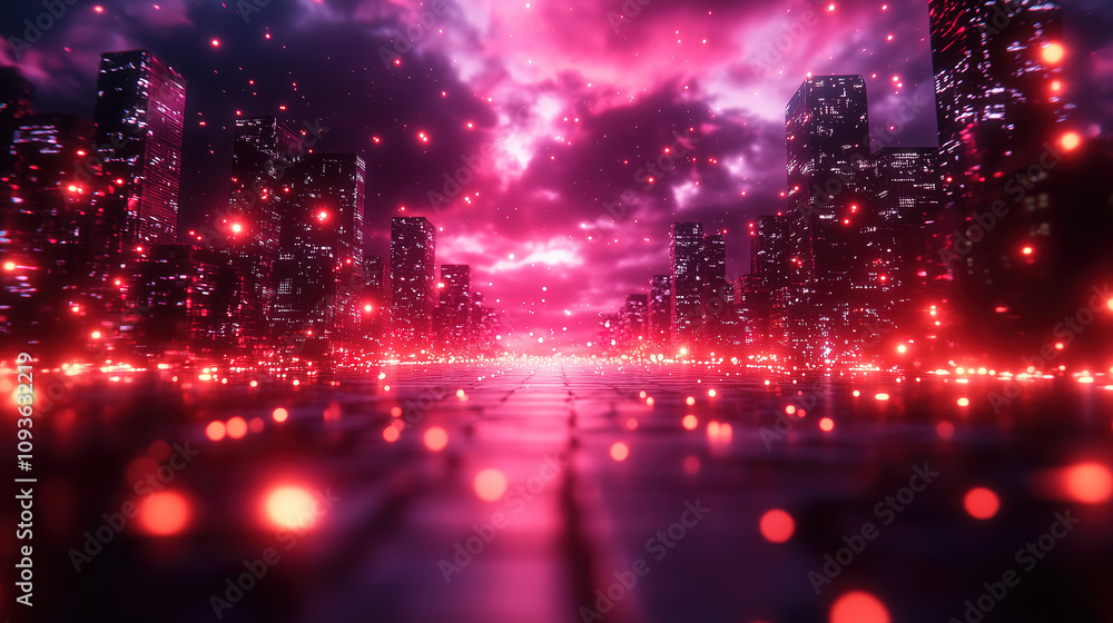Vibrant cityscape at twilight with glowing lights and a dramatic sky filled with pink and purple hues. Generative AI Vibrant cityscape at twilight with glowing lights and a dramatic sky filled with pink and purple hues. Generative AI
