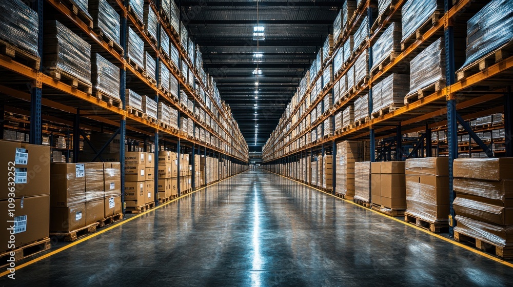 spacious warehouse features tall shelves filled with stacked boxes, illuminated by overhead lights spacious warehouse features tall shelves filled with stacked boxes, illuminated by overhead lights