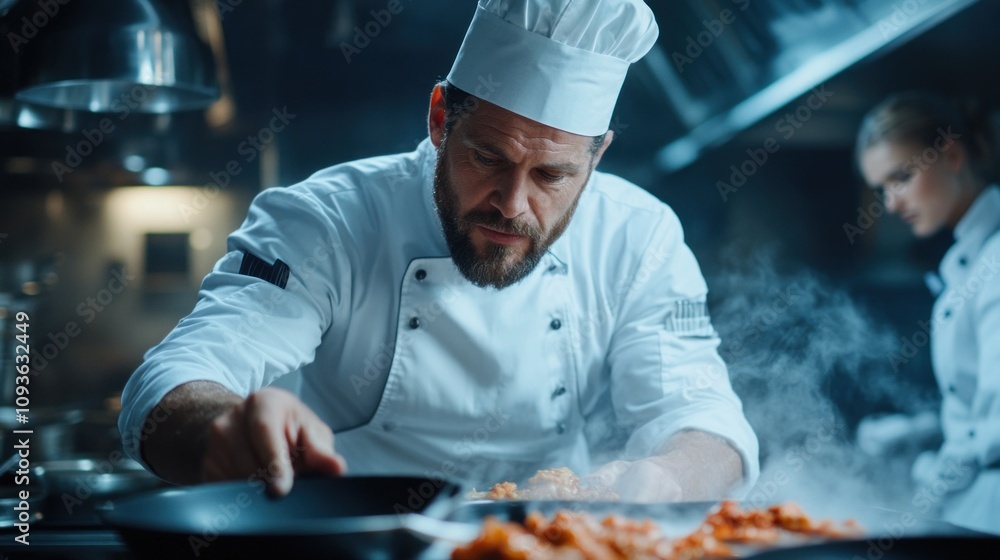 skilled chef focuses intently while preparing an exquisite meal in a bustling kitchen: steam rises and ingredients are artfully arranged, capturing culinary artistry and passion skilled chef focuses intently while preparing an exquisite meal in a bustling kitchen: steam rises and ingredients are artfully arranged, capturing culinary artistry and passion