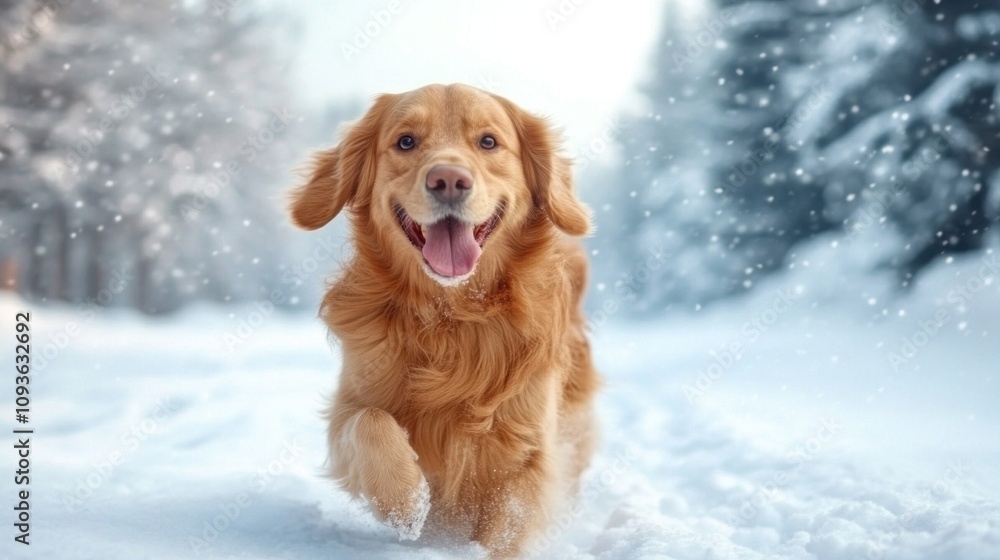 A golden retriever is happily sprinting through a snowy landscape, surrounded by tall trees covered in snowflakes. The dogs joyful expression captures the essence of winter fun A golden retriever is happily sprinting through a snowy landscape, surrounded by tall trees covered in snowflakes. The dogs joyful expression captures the essence of winter fun