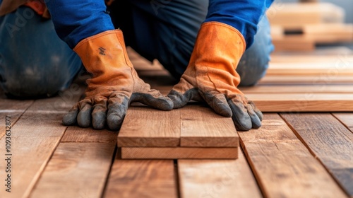 Wallpaper Mural skilled carpenter lays wooden planks on a floor, carefully aligning each piece with gloved hands. workshop is bathed in natural light, enhancing the warm tones of the wood Torontodigital.ca