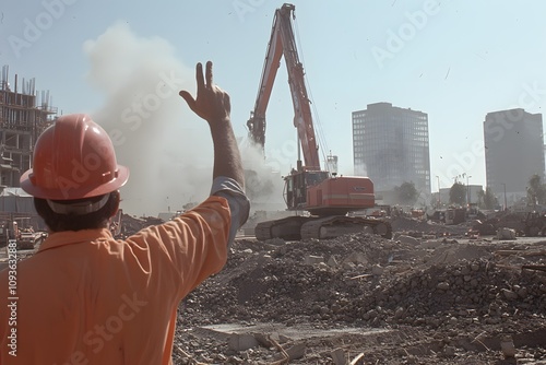 Worker signalling to a crane operator with a heavy load, coordinating the lift and ensuring safety at a construction site, highlighting teamwork and precision in industrial operations