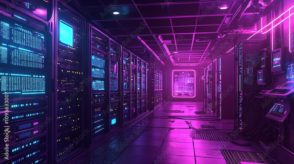 Futuristic server room with neon lighting. Futuristic server room with neon lighting.