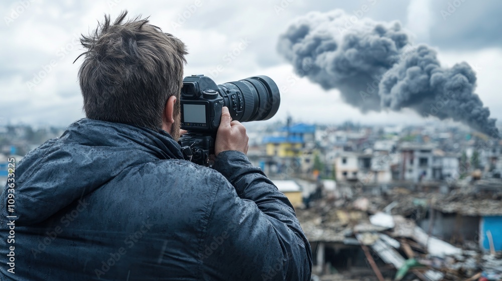 Amidst a gloomy sky, a photographer focuses intently on capturing the contrasting scene of smoke billowing from buildings in a densely populated urban area Amidst a gloomy sky, a photographer focuses intently on capturing the contrasting scene of smoke billowing from buildings in a densely populated urban area