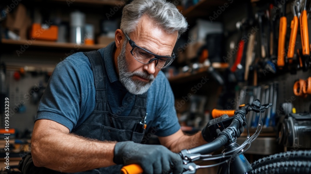 middle-aged man with glasses works diligently on a bicycle in a well-equipped workshop filled with tools. He focuses intently on the handlebars, showcasing expertise and craftsmanship middle-aged man with glasses works diligently on a bicycle in a well-equipped workshop filled with tools. He focuses intently on the handlebars, showcasing expertise and craftsmanship