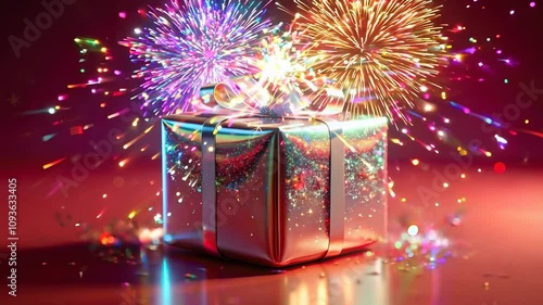 Vibrant gift box adorned with bow, set against backdrop of colorful fireworks. ideal for festive celebrations, gift designs, and holiday decorations, evoking joy and excitement.