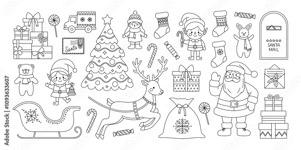 Christmas set coloring page. Outline set with Santa Claus, elves, deer, sleigh, sack, tree, gifts, toys, mailbox, letters, stocking and candies. Santa mail. Holiday collection. Coloring book for print Christmas set coloring page. Outline set with Santa Claus, elves, deer, sleigh, sack, tree, gifts, toys, mailbox, letters, stocking and candies. Santa mail. Holiday collection. Coloring book for print