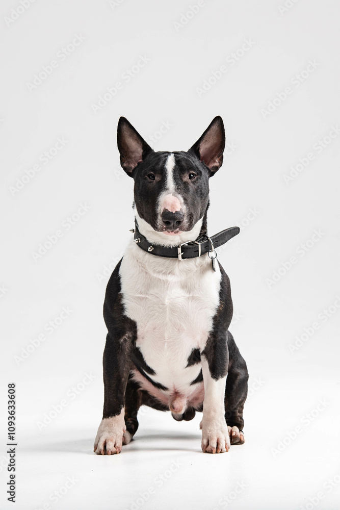 black and white bull terrier on a white background black and white bull terrier on a white background