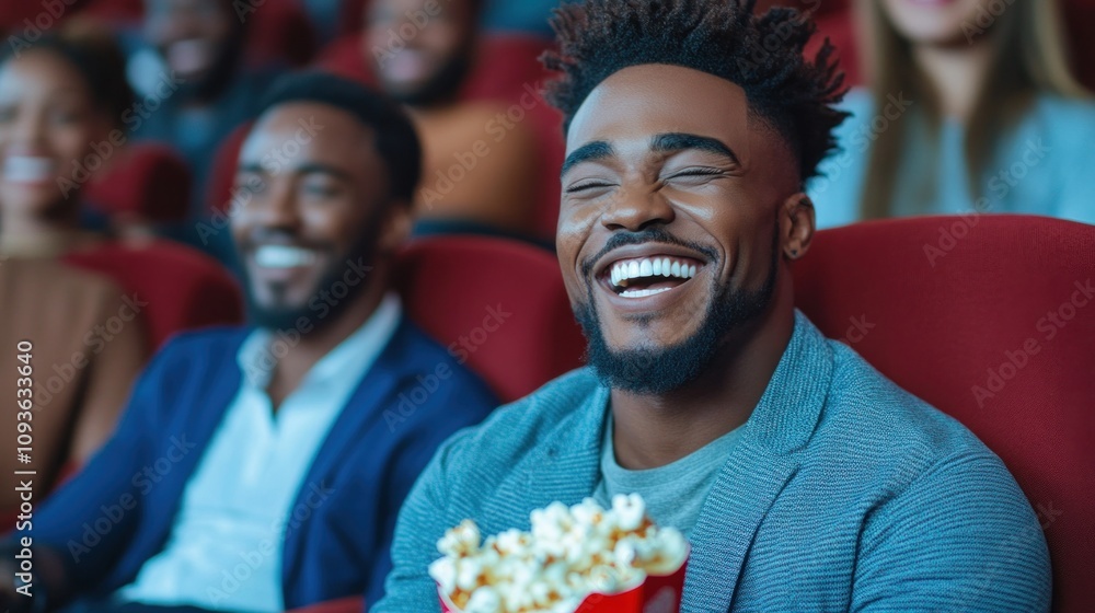 man is joyfully laughing while holding a bucket of popcorn in a packed theater, surrounded by friends and other attendees enjoying the comedy performance man is joyfully laughing while holding a bucket of popcorn in a packed theater, surrounded by friends and other attendees enjoying the comedy performance