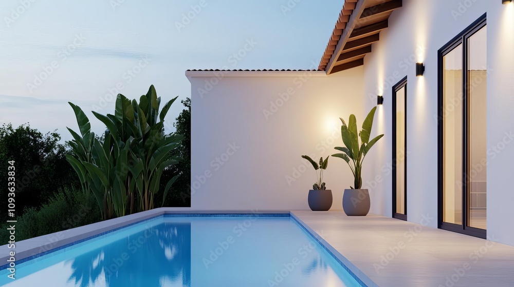 Fototapeta premium Warm lighting around a pool area, soft glow creating evening elegance