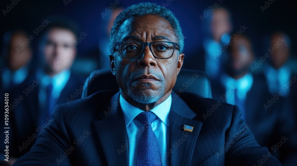 Concentrated expressions fill the dark conference room as a man in a suit takes center stage. His serious demeanor suggests a pivotal moment in a critical discussion taking place Concentrated expressions fill the dark conference room as a man in a suit takes center stage. His serious demeanor suggests a pivotal moment in a critical discussion taking place