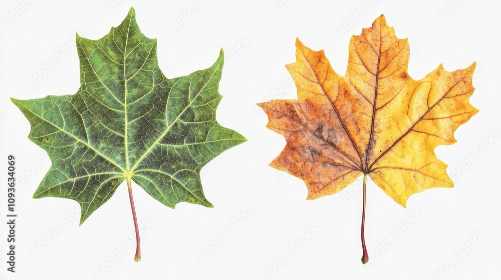 Comparative study of green and yellow maple leaves on white background Comparative study of green and yellow maple leaves on white background